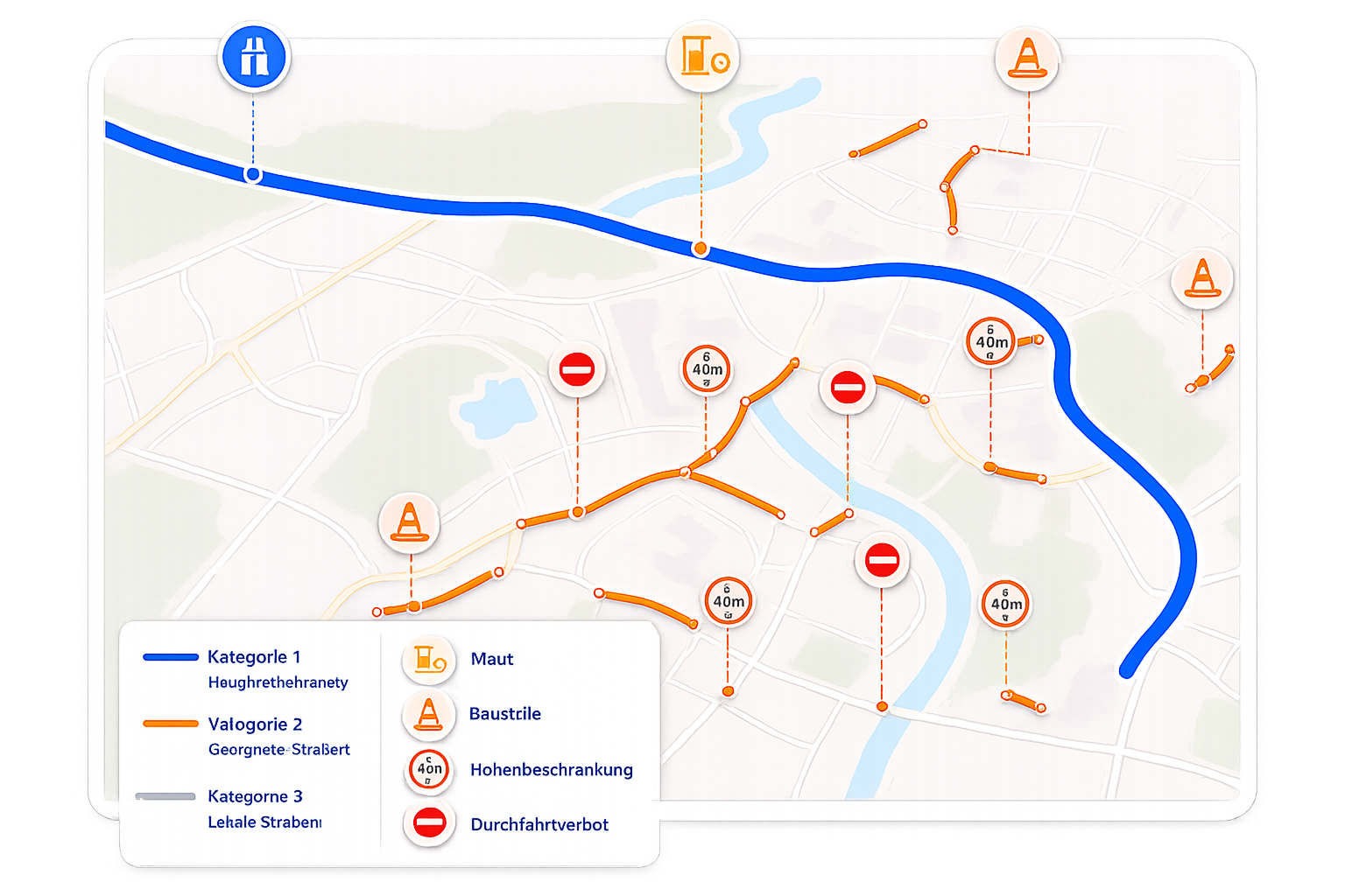 Grafik eines digitalen Straßennetzes mit Straßenabschnitten, Fahrzeugbeschränkungen, Fahrzeit, Maut und weiteren Routingmerkmalen